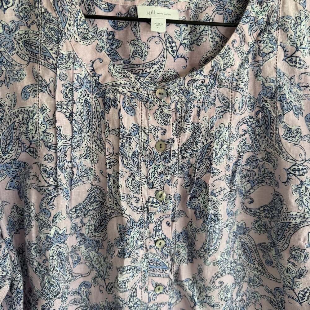 J. Jill Love 100% Linen Pleat Front Pink Blue Size XL Blouse Casual Paisley - Picture 5 of 6